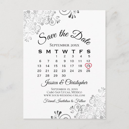 Zwart-wit lacy Weddenschap Save the Date Calendar Aankondigingskaart (Voorkant)