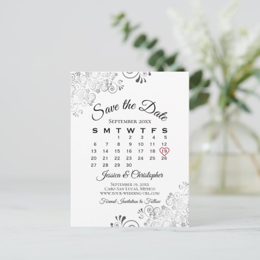 Zwart-wit lacy Weddenschap Save the Date Calendar Aankondigingskaart (Staand voorkant)