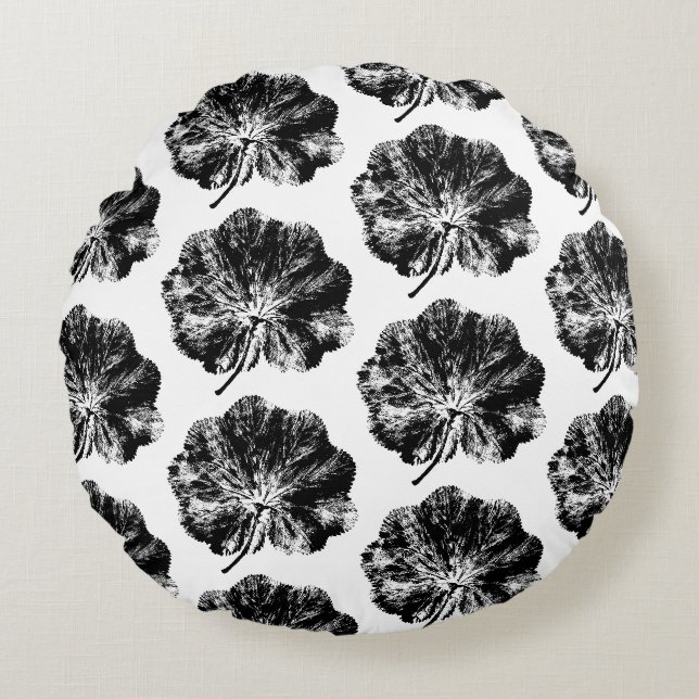 Zwart-wit Lady's Mantle Leaf Print Patroon Rond Kussen (Voorkant)