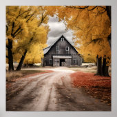 Zwart-wit Land Schuur herfst Landschapsprint Poster (Voorkant)