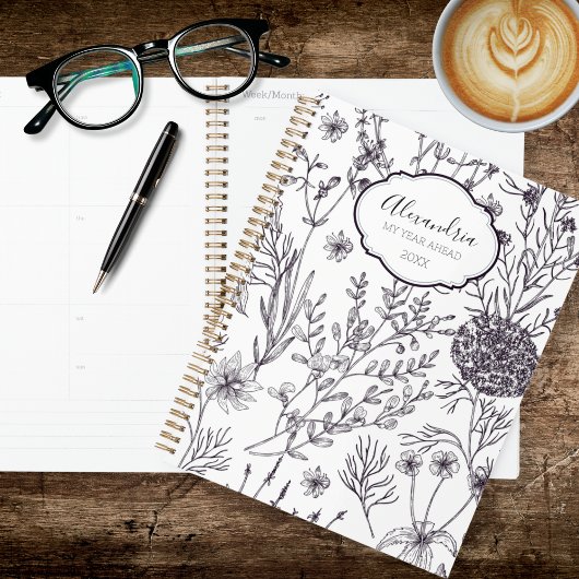 Zwart-wit landelijk bloemmotief planner