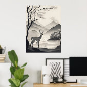 Zwart-wit landschapsillustratie AI Generatief Poster (Thuiskantoor)