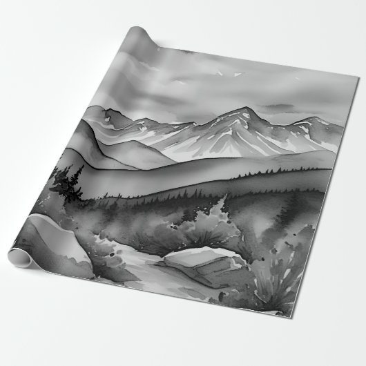 Zwart-wit landschapsschilderij van bergen cadeaupapier (Uitgerold)