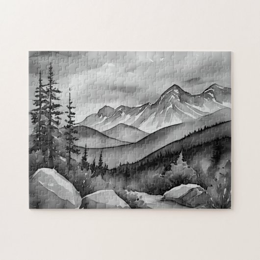 Zwart-wit landschapsschilderij van bergen legpuzzel (Horizontaal)