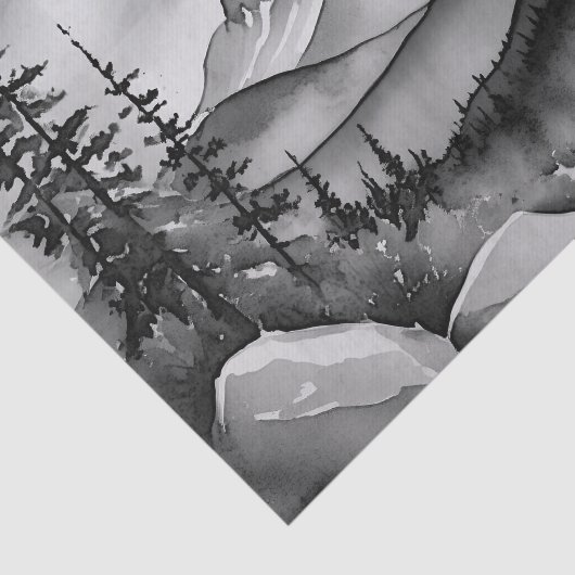 Zwart-wit landschapsschilderij van bergen tissuepapier (Detail)