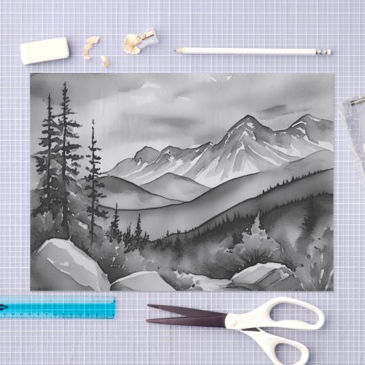 Zwart-wit landschapsschilderij van bergen tissuepapier (Craft)