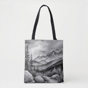 Zwart-wit landschapsschilderij van bergen tote bag