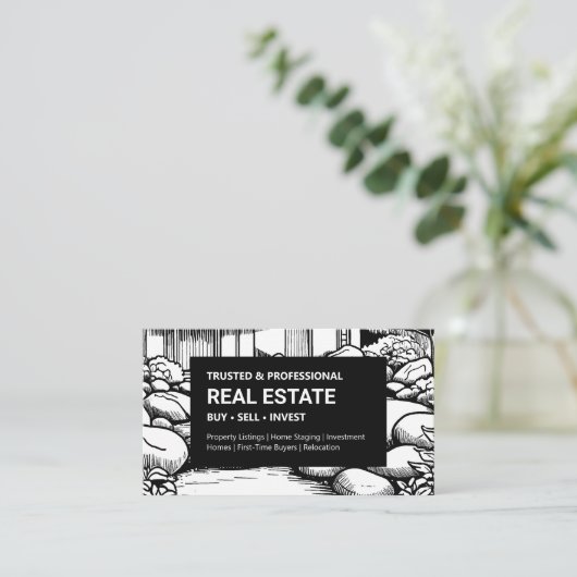 Zwart-wit landschapsvastgoed visitekaartje (Staand voorkant)