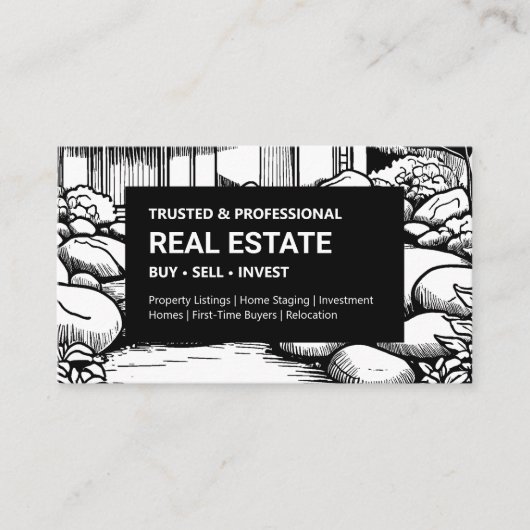 Zwart-wit landschapsvastgoed visitekaartje (Voorkant)