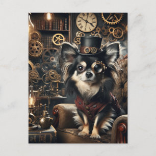 Zwart-wit langharig Steampunk Chihuahua Briefkaart