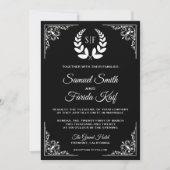 Zwart-wit Laurel Monogram bruiloft uitnodiging (Voorkant)