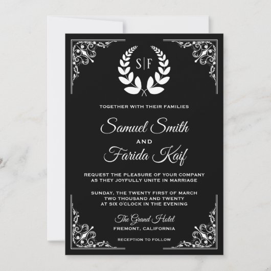 Zwart-wit Laurel Monogram bruiloft uitnodiging (Voorkant)