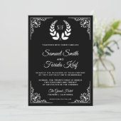 Zwart-wit Laurel Monogram bruiloft uitnodiging (Staand voorkant)