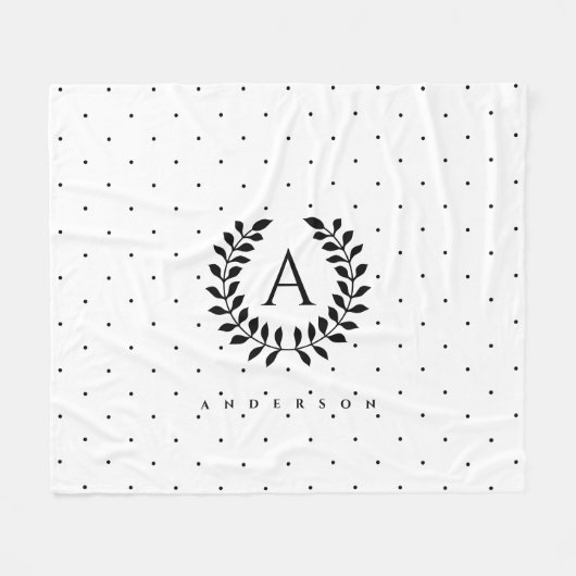 Zwart-Wit-Laurier Initialen Stippenpatroon Fleece Deken (Voorkant (Horizontaal))