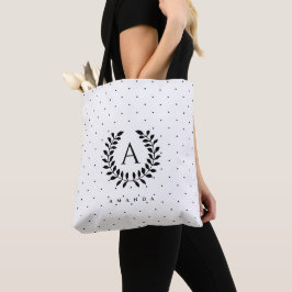Zwart-Wit-Laurier Initialen Stippenpatroon Tote Bag