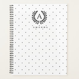 Zwart-wit laurier monogram polkadotpatroon planner
