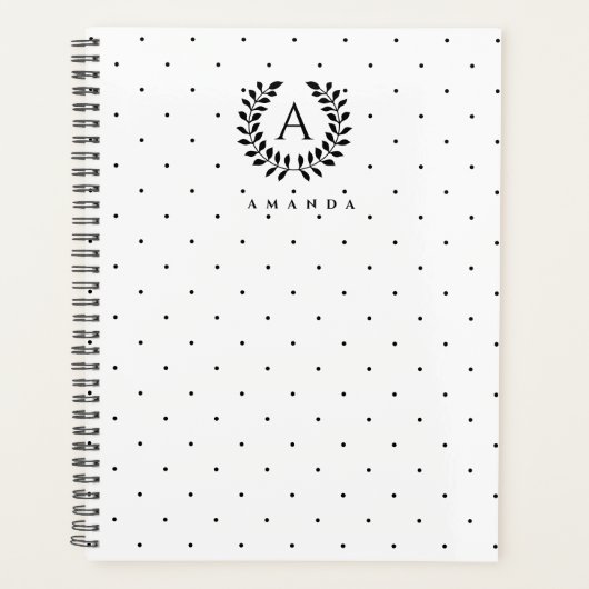 Zwart-wit laurier monogram polkadotpatroon planner (Voorkant)