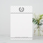 Zwart-Wit-Laurier Monogram Stippenpatroon Briefpapier (Staand voorkant)