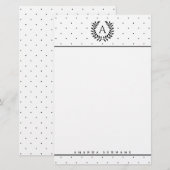 Zwart-Wit-Laurier Monogram Stippenpatroon Briefpapier (Voorkant / Achterkant)