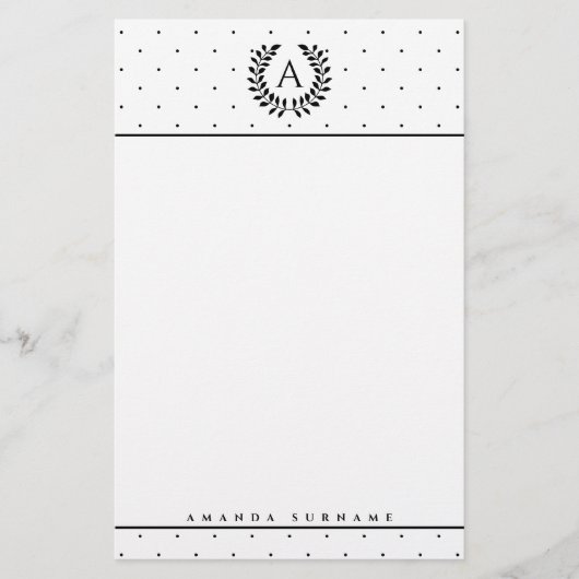 Zwart-Wit-Laurier Monogram Stippenpatroon Briefpapier (Voorkant)