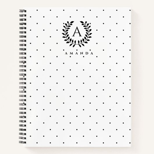 Zwart-Wit-Laurier Monogram Stippenpatroon Notitieboek (Voorkant)