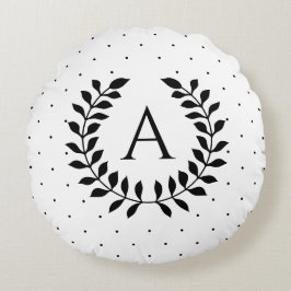 Zwart-Wit-Laurier Monogram Stippenpatroon Rond Kussen