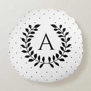 Zwart-Wit-Laurier Monogram Stippenpatroon Rond Kussen
