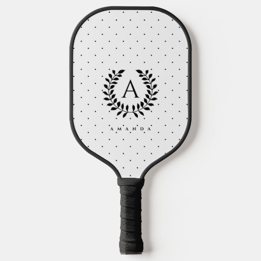 Zwart-Wit-Laurierblad Monogram Stippenpatroon Pickleball Paddle (Voorkant)