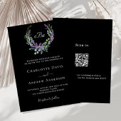 Zwart wit lavendel bloemen QR code RSVP bruiloft Kaart