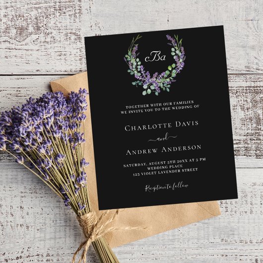 Zwart wit lavendel bloemenQR RSVP budget bruiloft