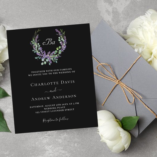 Zwart wit lavendel bloemenQR RSVP budget bruiloft