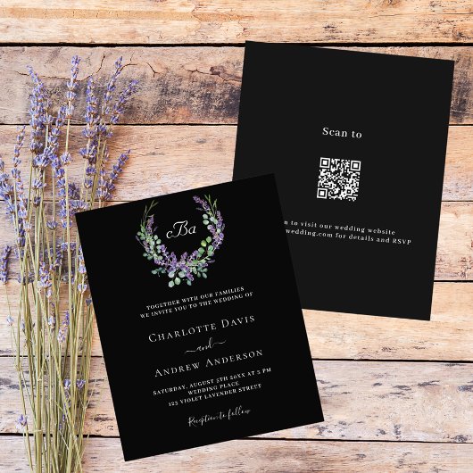 Zwart wit lavendel bloemenQR RSVP budget bruiloft