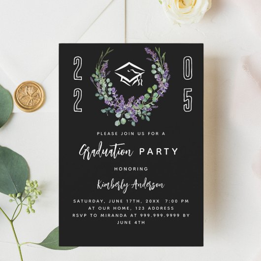 Zwart wit lavendel luxe 2025 Afstudeerfeest Kaart