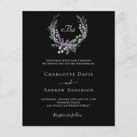 Zwart wit lavendel violette bloemen budget bruilof (Voorkant)