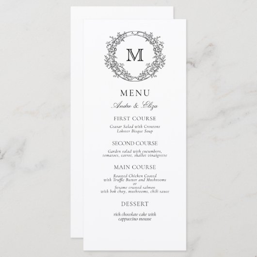 Zwart-wit Leafy Crest Monogram Bruiloft Menu (Voorkant / Achterkant)