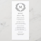 Zwart-wit Leafy Crest Monogram Bruiloft Menu (Voorkant)