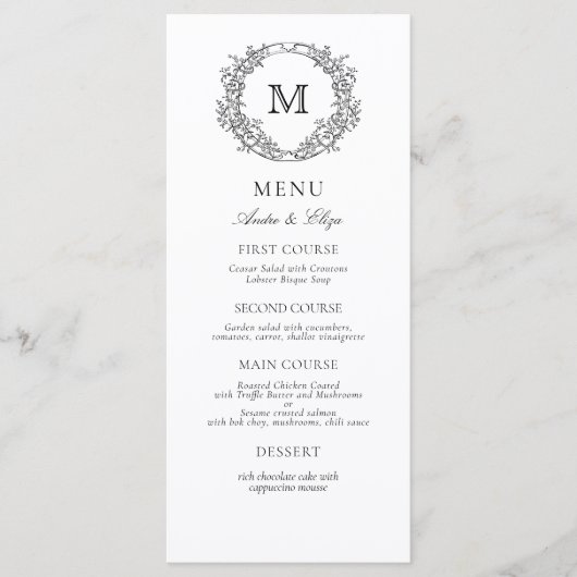 Zwart-wit Leafy Crest Monogram Bruiloft Menu (Voorkant)