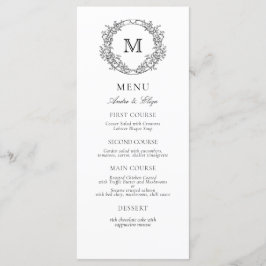 Zwart-wit Leafy Crest Monogram Bruiloft Menu