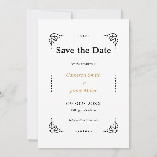 Zwart & Wit Leaves Stippen Lijst Save The Date Kaart (Voorkant)