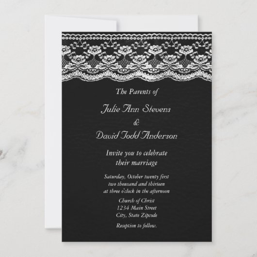 Zwart & wit leer & kant bruiloft kaart (Voorkant)