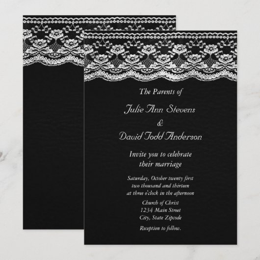 Zwart & wit leer & kant bruiloft kaart (Voorkant / Achterkant)