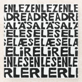Zwart-wit "Lees" in 8 Talen Lino Cut Glazen Onderzetter