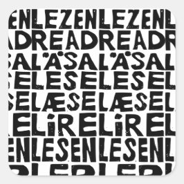 Zwart-wit "Lees" in 8 Talen Lino Cut Vierkante Sticker