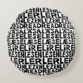 Zwart-wit "Lees" in 8 Talen Lino Print Rond Kussen