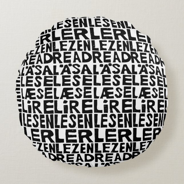 Zwart-wit "Lees" in 8 Talen Lino Print Rond Kussen (Voorkant)