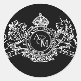 Zwart Wit Leeuw Eenhoorn Kroon Bruiloft Embleem Ronde Sticker