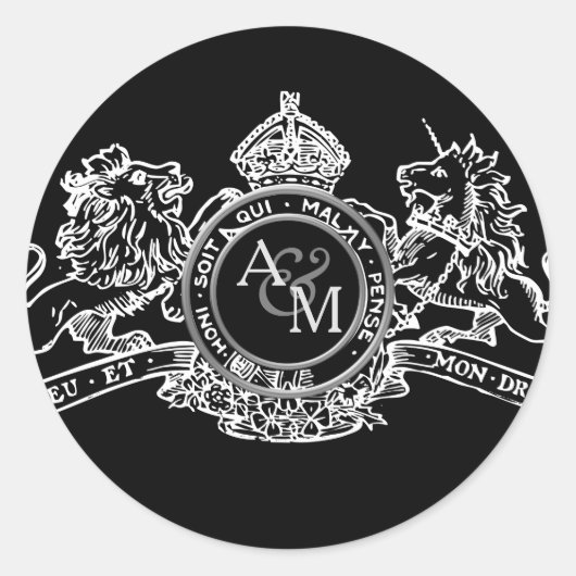 Zwart Wit Leeuw Eenhoorn Kroon Bruiloft Embleem Ronde Sticker (Voorkant)