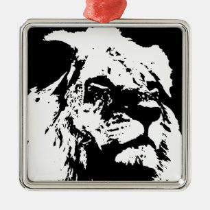 Zwart & wit leeuw pop kunst metalen ornament