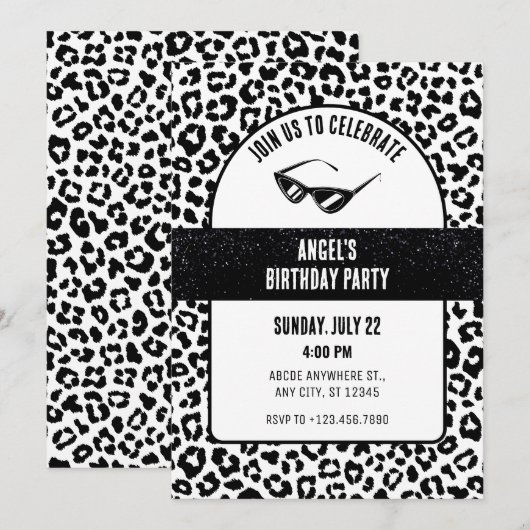 Zwart-wit Leopard glitter verjaardag Kaart (Voorkant / Achterkant)