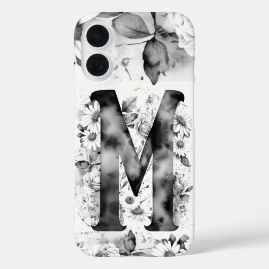 Zwart-wit Letter M Elegante Bloemen Waterverf Case-Mate iPhone Case (Achterkant)